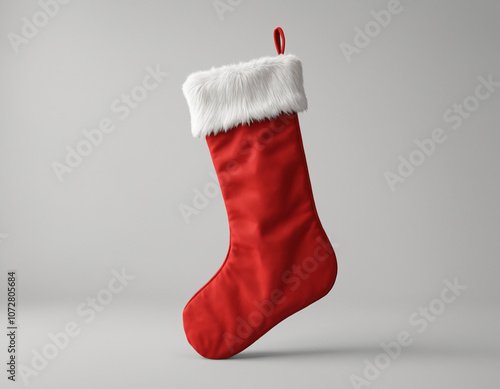 Red christmas stocking with a fluffy white cuff, hanging against a studio white background, symbolizing holiday spirit and decoration