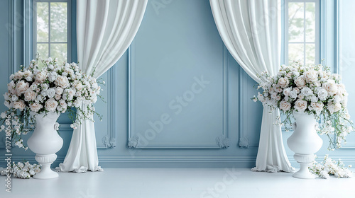 Light blue wall with white curtains, a window, and two flower vases on the sides, creating an elegant backdrop for a photo shoot. This photo studio backdrop is suitable for wedding photography 