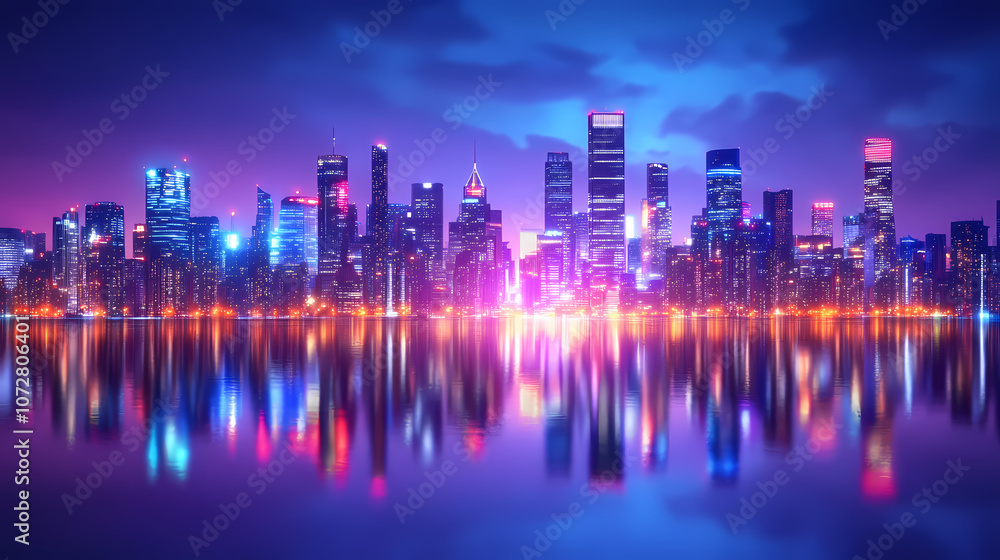 Fototapeta premium Futuristic cityscape with neon lights reflecting on water at night. Utopia. Illustration