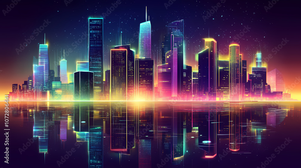 Futuristic cityscape with neon lights reflecting on water at night. Utopia. Illustration Futuristic cityscape with neon lights reflecting on water at night. Utopia. Illustration
