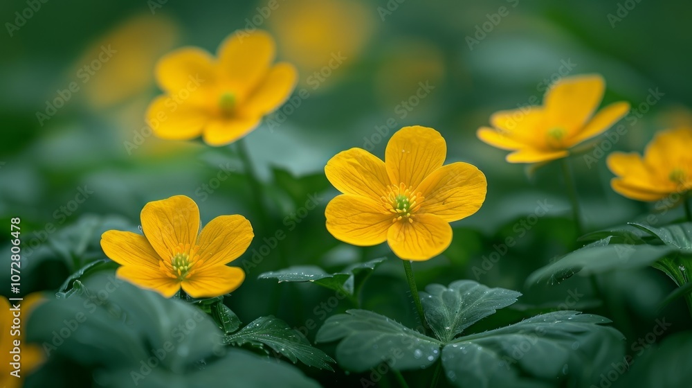 Close-up of vibrant yellow flowers blooming in a lush green meadow. Close-up of vibrant yellow flowers blooming in a lush green meadow.