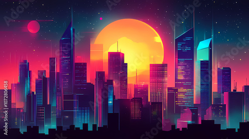 Wallpaper Mural Futuristic cityscape with neon lights, towering structures, and a cosmic backdrop, evoking a vibrant sci-fi atmosphere. Utopia. Illustration Torontodigital.ca