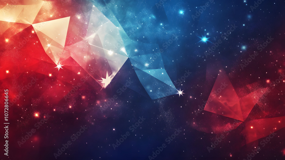 Abstract red and blue geometric shapes with white star motifs and artistic design. Abstract red and blue geometric shapes with white star motifs and artistic design.