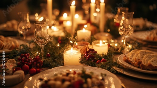 A Warm and Festive Table Setting with Candles, Greenery, and Bread photo