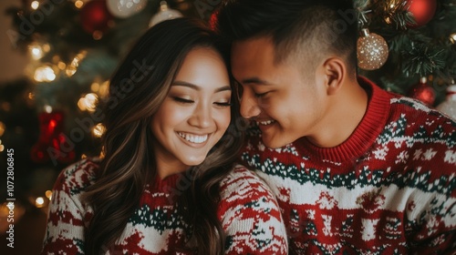 Couple in Matching Christmas Sweaters by a Decorated Tree