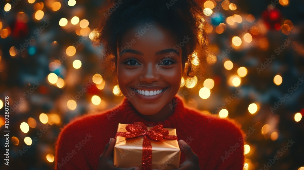 Smiling Woman Holding a Gift Box Against a Christmas Tree Smiling Woman Holding a Gift Box Against a Christmas Tree