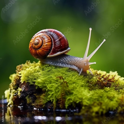 A close-up of a snail on moss, showcasing its shell and delicate features in a natural setting.