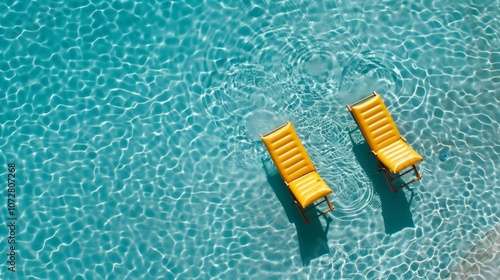 A birdseye view of a crystalclear pool reveals two inflatable lounge chairs floating serenely inviting a moment of blissful rest.