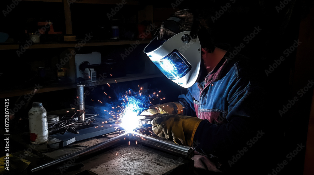 Welding metal piece with sparks flying, showcasing craftsmanship and focus Welding metal piece with sparks flying, showcasing craftsmanship and focus