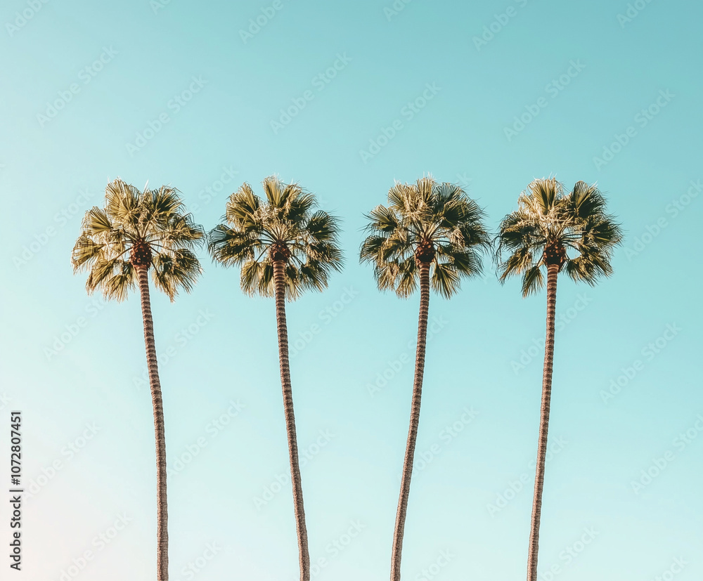 Obraz premium Green tropical palm trees row against blue sunny sky nature background