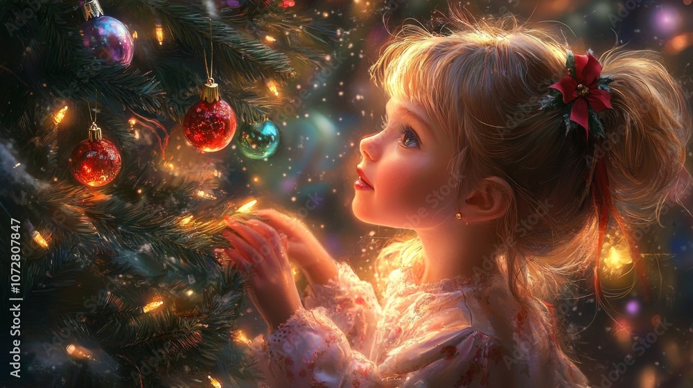A Little Girl Gazing in Wonder at a Christmas Tree A Little Girl Gazing in Wonder at a Christmas Tree