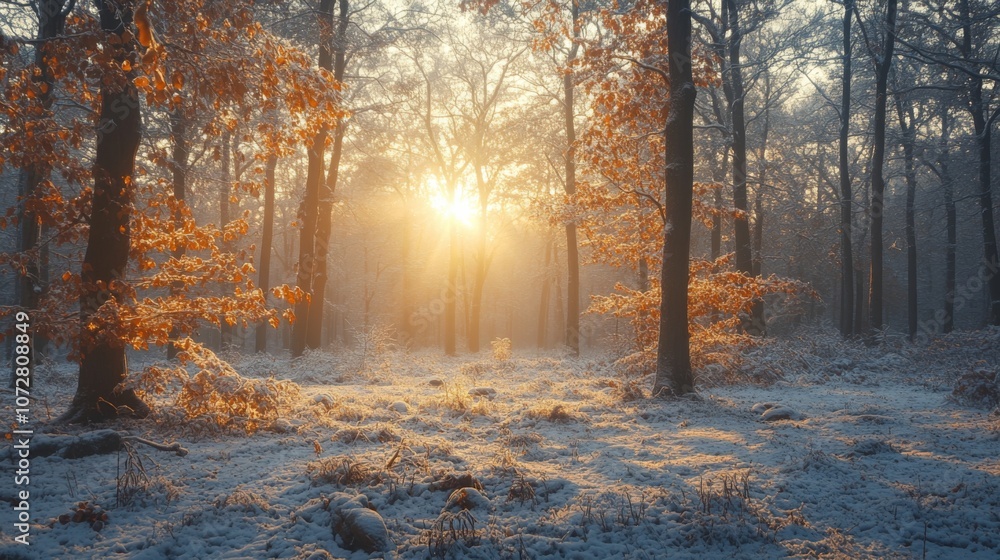 Golden Sunlight Through a Snowy Forest