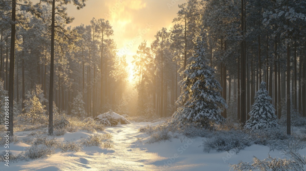 A Sunlit Path Through a Snow-Covered Pine Forest A Sunlit Path Through a Snow-Covered Pine Forest