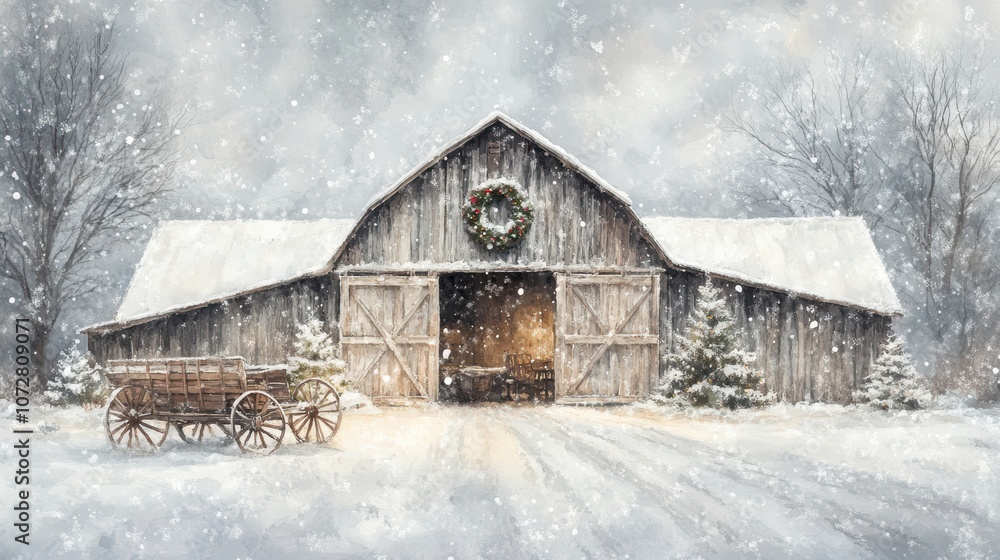 A beautiful watercolor Christmas barn, with a white and gray color palette, features rustic wooden beams and large double doors decorated for the holiday season. A beautiful watercolor Christmas barn, with a white and gray color palette, features rustic wooden beams and large double doors decorated for the holiday season.