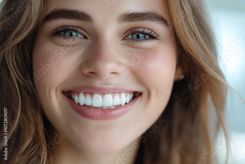 Woman joyfully displays her bright smile after teeth whitening treatment in a modern clinic setting indoors