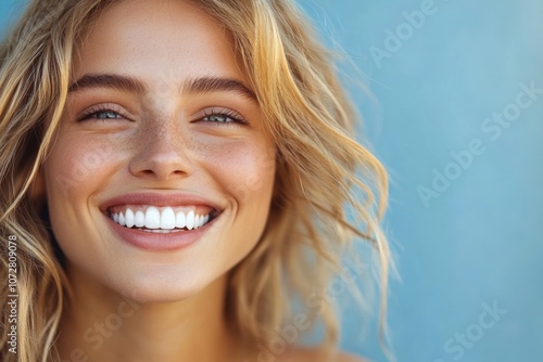 Woman smiling brightly with noticeable teeth whitening results in natural light, showcasing before and after treatment transformation