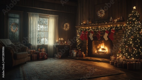 Cozy Christmas Living Room with Fireplace and Decorated Tree