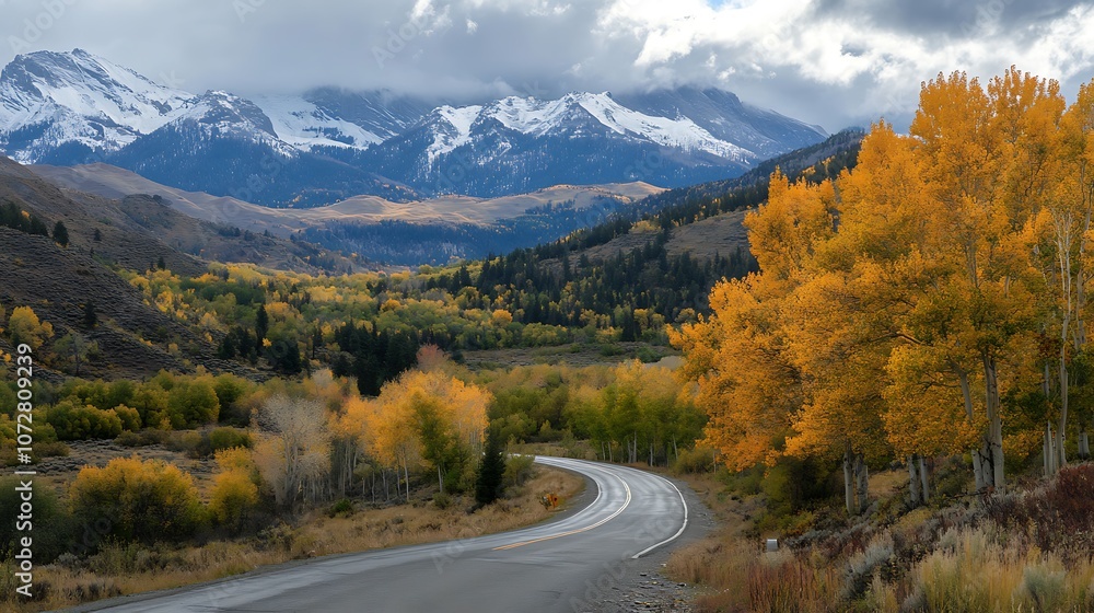 Winding Road Through Autumnal Forest with Snowy Mountain Peaks in the Distance Winding Road Through Autumnal Forest with Snowy Mountain Peaks in the Distance