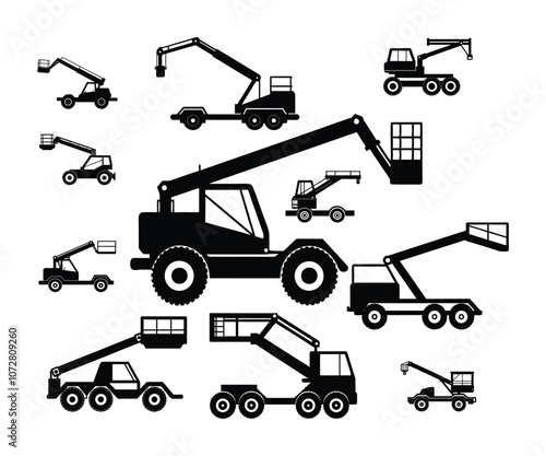 silhouette of a boom lift with large wheels vector illustration on white background.