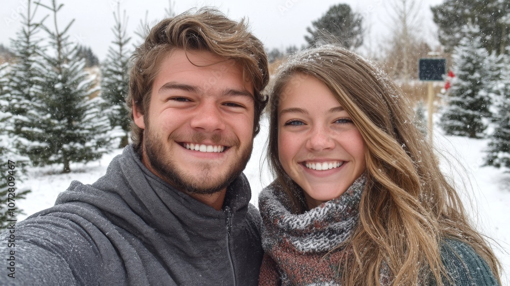 Smiling Couple in Snowy Winter Setting Smiling Couple in Snowy Winter Setting