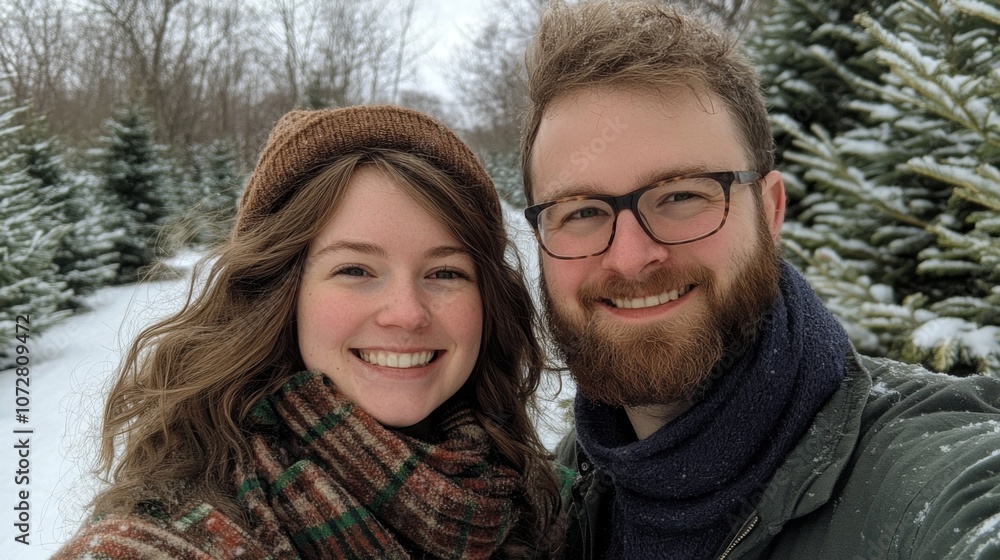 Couple Smiling Together in Snowy Forest Couple Smiling Together in Snowy Forest