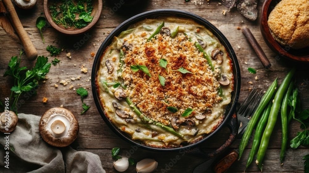 A deliciously baked green bean casserole topped with crispy breadcrumbs, perfect for celebrating National Green Bean Casserole Day. A deliciously baked green bean casserole topped with crispy breadcrumbs, perfect for celebrating National Green Bean Casserole Day.