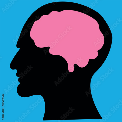 Pink Brain in Black Head Silhouette on Blue Background