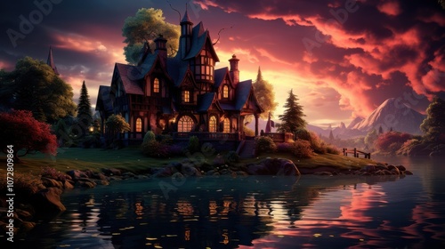 A Twilight Dream An Enchanting Manor Nestled on the Banks of a Serene Lake, Bathed in the Glow of a Dramatic Sunset