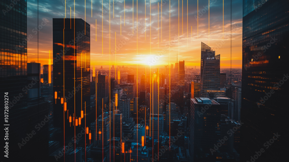 Obraz premium Smart digital Innovation Business skyscrapers in the Financial District with connection network reciprocity over the cityscape. of future smart wireless digital city and social media networking