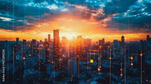 Wallpaper Mural Smart digital Innovation Business skyscrapers in the Financial District with connection network reciprocity over the cityscape. of future smart wireless digital city and social media networking Torontodigital.ca