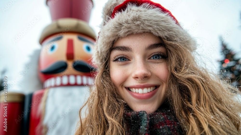 Woman in a Furry Hat Smiling with a Nutcracker in the Background Woman in a Furry Hat Smiling with a Nutcracker in the Background