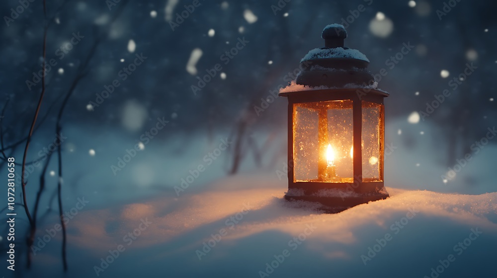 A Lantern Illuminates a Snowy Forest A Lantern Illuminates a Snowy Forest