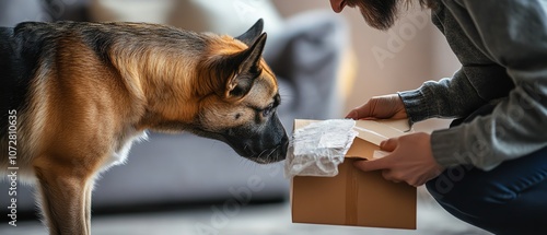 Dog explores a new package at home. photo