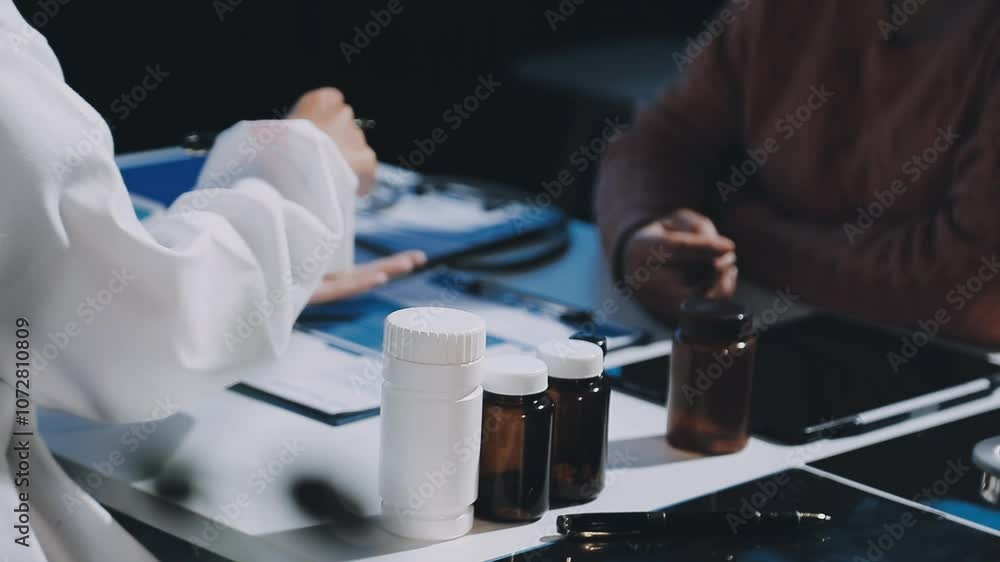 Young male doctor sitting at table with laptop and showing hand at film while explaining observations and female coworker standing with x ray in hands in clinic Young male doctor sitting at table with laptop and showing hand at film while explaining observations and female coworker standing with x ray in hands in clinic