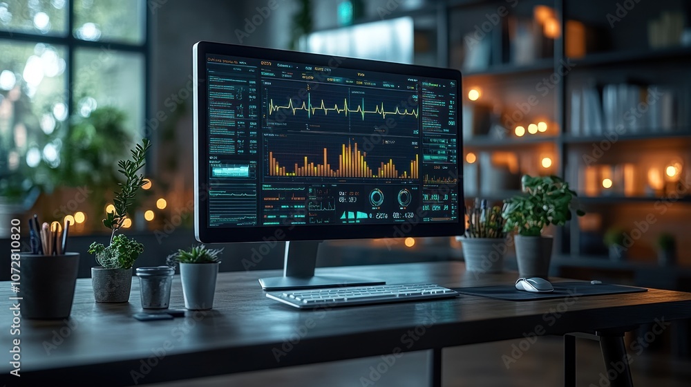 Modern workspace with data analytics on a computer screen. Modern workspace with data analytics on a computer screen.