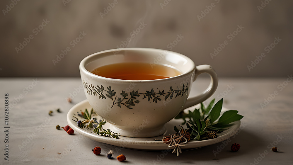 “Traditional Herbal Tea in a Ceramic Cup” – A Ceramic Cup of Herbal Tea with a Sprig of Herbs on a Neutral Background “Traditional Herbal Tea in a Ceramic Cup” – A Ceramic Cup of Herbal Tea with a Sprig of Herbs on a Neutral Background