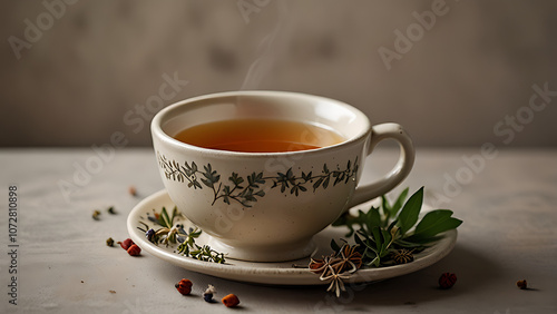 “Traditional Herbal Tea in a Ceramic Cup” – A Ceramic Cup of Herbal Tea with a Sprig of Herbs on a Neutral Background