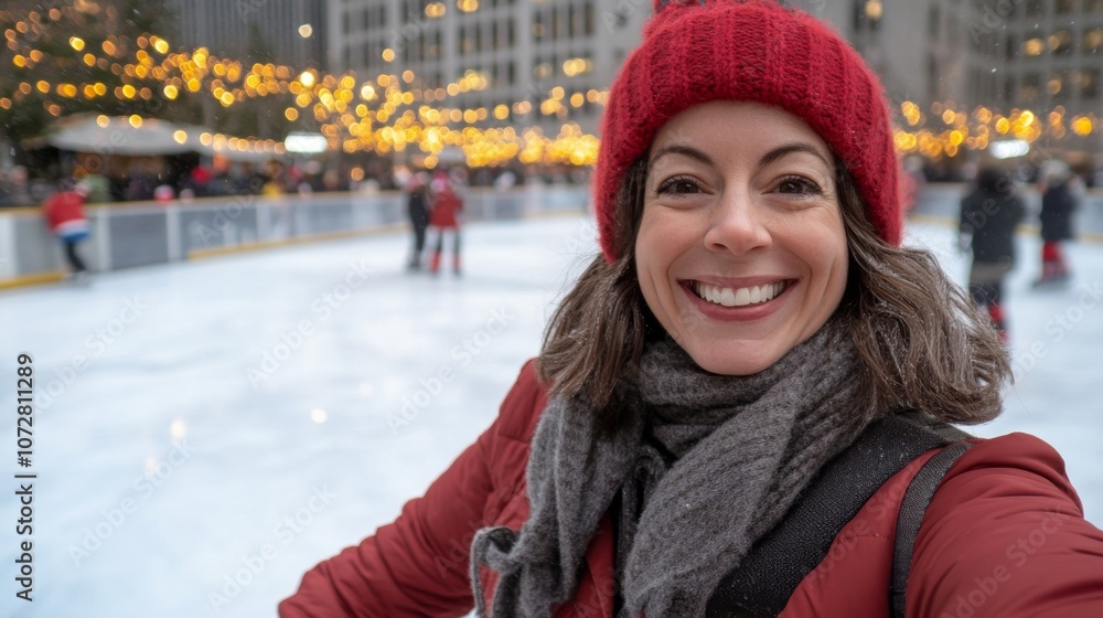 Woman in Red Hat Smiling at Outdoor Ice Rink Woman in Red Hat Smiling at Outdoor Ice Rink