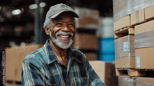 .An older warehouse worker smiling while packing boxes, showcasing experience and positivity