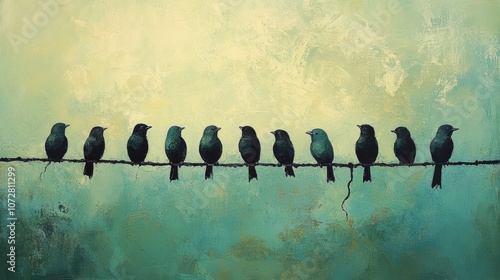 A row of birds sitting on wire, a minimalist painting with a textured background, muted colors, soft tones, and hues of green and blue. The artwork simple, charming, cheerful, whimsical, minimalistic