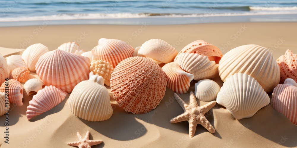 A collection of seashells on the beach, showcasing a variety of shapes, textures, and colors, with a blurred background of the ocean. A collection of seashells on the beach, showcasing a variety of shapes, textures, and colors, with a blurred background of the ocean.