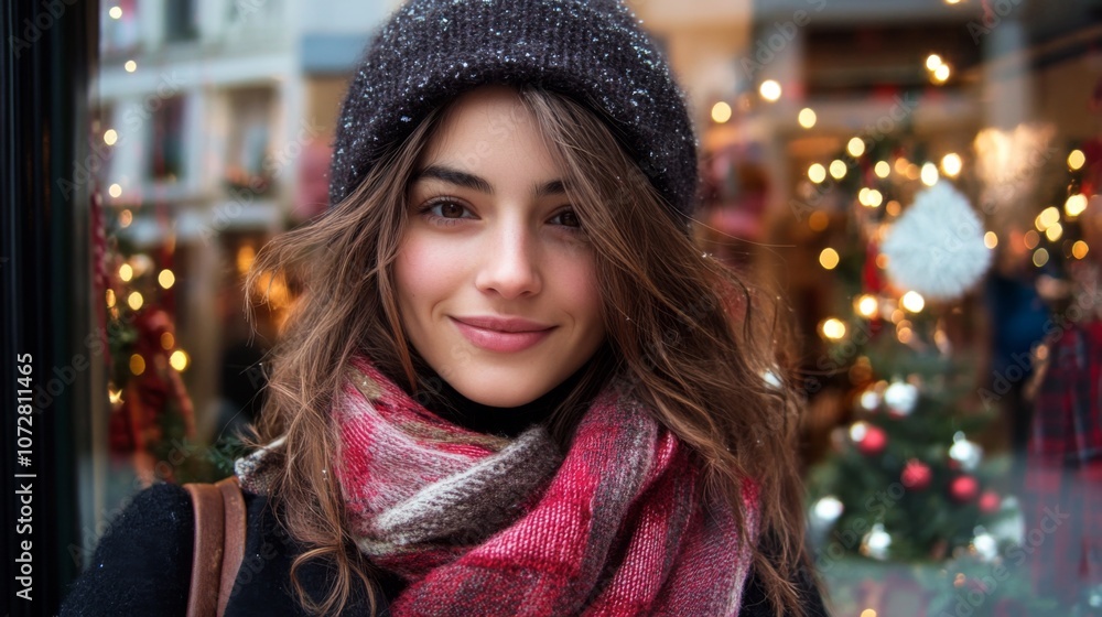 Young Woman Wearing a Knitted Hat and Scarf Against a Blurred Festive Background Young Woman Wearing a Knitted Hat and Scarf Against a Blurred Festive Background