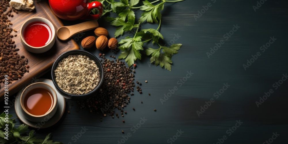 A dark wood surface with tea, herbs, and spices for a relaxing and flavorful drink A dark wood surface with tea, herbs, and spices for a relaxing and flavorful drink