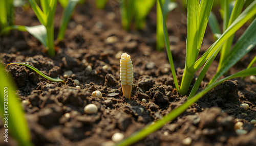 Closeup of corn seed germination in soil of cornfield. Agriculture, agronomy and farming concept isolated with white highlights, png photo