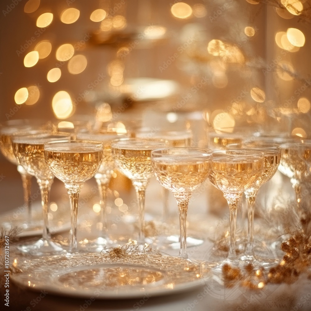 Elegant New Year's Eve Celebration with Champagne Glasses and Golden Decorations on Festive Table Setting under Soft Warm Lighting Elegant New Year's Eve Celebration with Champagne Glasses and Golden Decorations on Festive Table Setting under Soft Warm Lighting