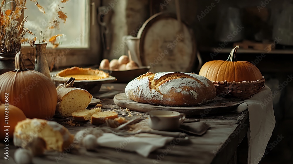 Rustic Autumnal Still Life with Pumpkin, Bread, and Pie Rustic Autumnal Still Life with Pumpkin, Bread, and Pie