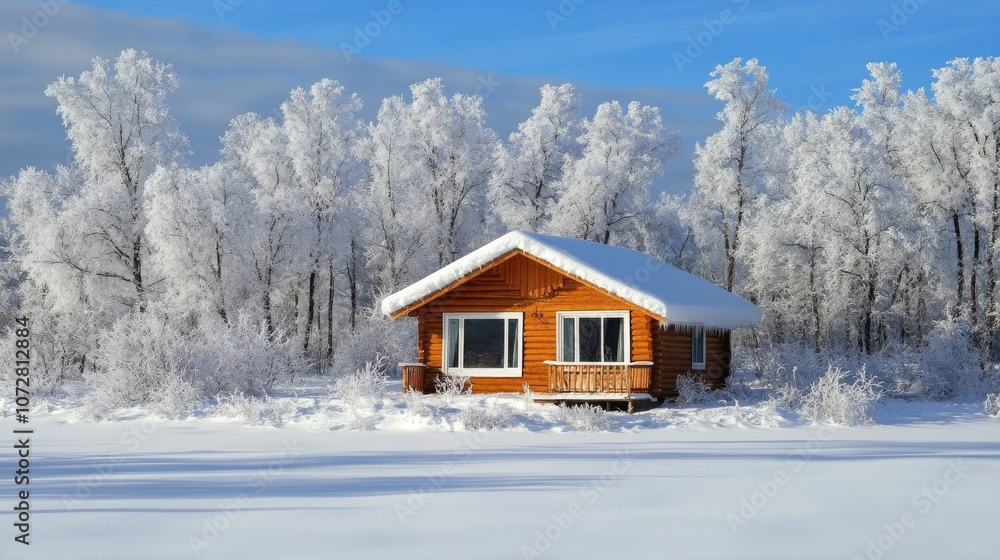 A Wooden Cabin Nestled Among Snowy Trees in a Winter Wonderland A Wooden Cabin Nestled Among Snowy Trees in a Winter Wonderland