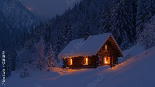 A Cozy Cabin Nestled in a Snowy Mountain Forest at Twilight