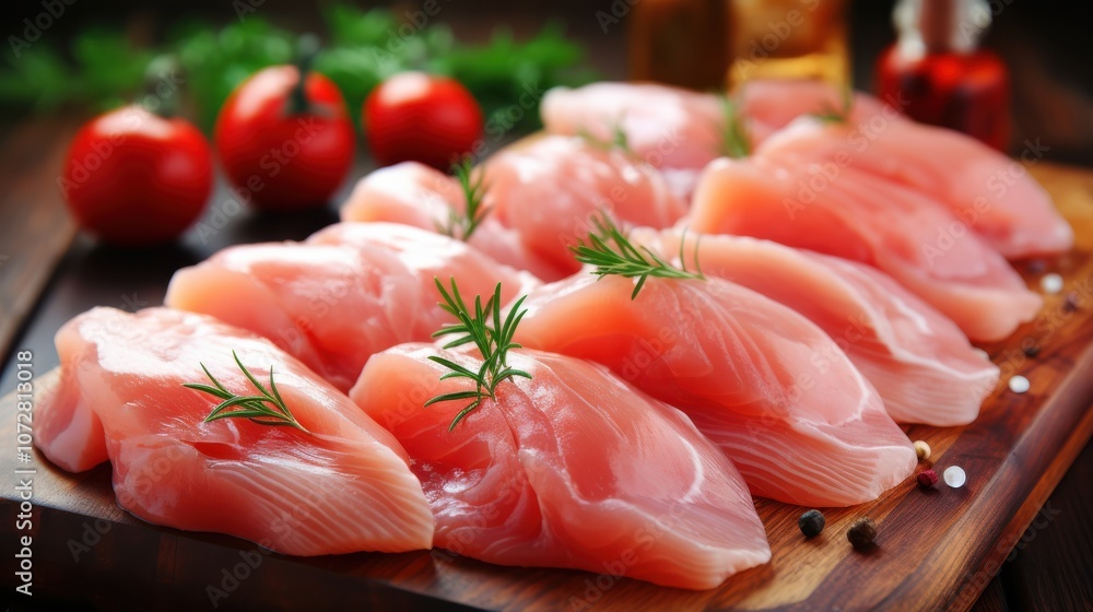 Fresh raw chicken breast fillets arranged on a wooden cutting board, garnished with sprigs of rosemary, ready for cooking