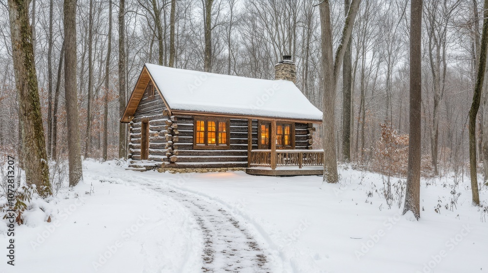A Cozy Log Cabin with Warm Lights in a Snowy Forest A Cozy Log Cabin with Warm Lights in a Snowy Forest